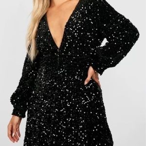 boohoo Sequin Ruched Waist Skater Dress